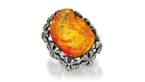 18 Karat Blackened Gold, Fire Opal and Diamond Ring
