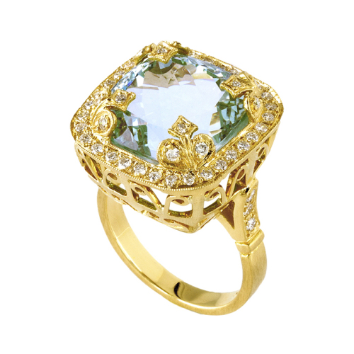 Regal Shield Ring with Green Beryl & Diamonds