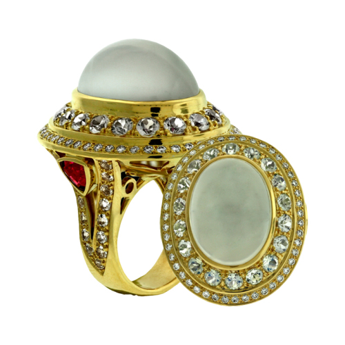 Moonstone, Diamond & Tourmaline Gold Ring