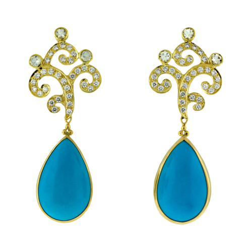 Diamond, Moonstone & Turquoise Drops Earrings