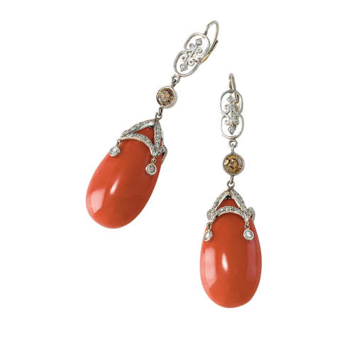 Mediterranean Coral & Brown Diamonds Platinum Harem Earrings