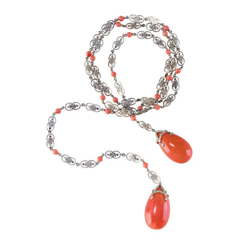 Platinum Scroll Link Lariat with Coral Drops