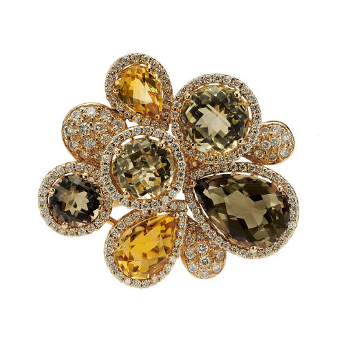 Gold Ring with Diamonds, Citrines, Amethyst & Quartz