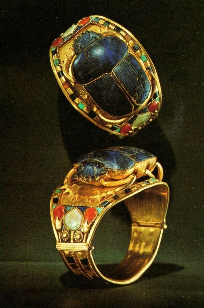 Bracelets found iGold Bangle with Openwork Scarab Encrusted with Lapis Lazuli, Tutankhamun, The Egyptian Museum, Cairo