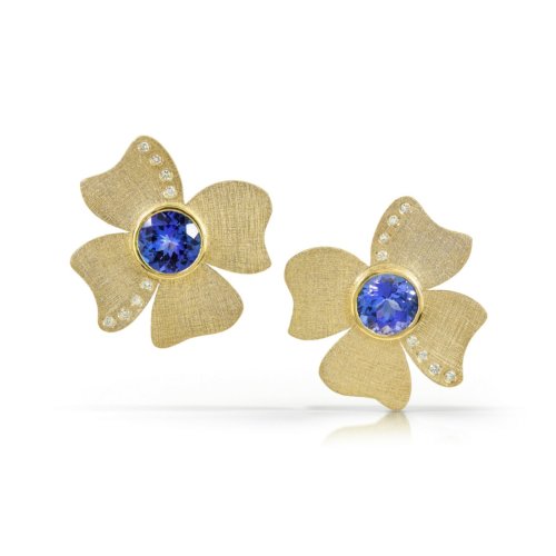 Gold flower earrings with tanzanite & diamonds